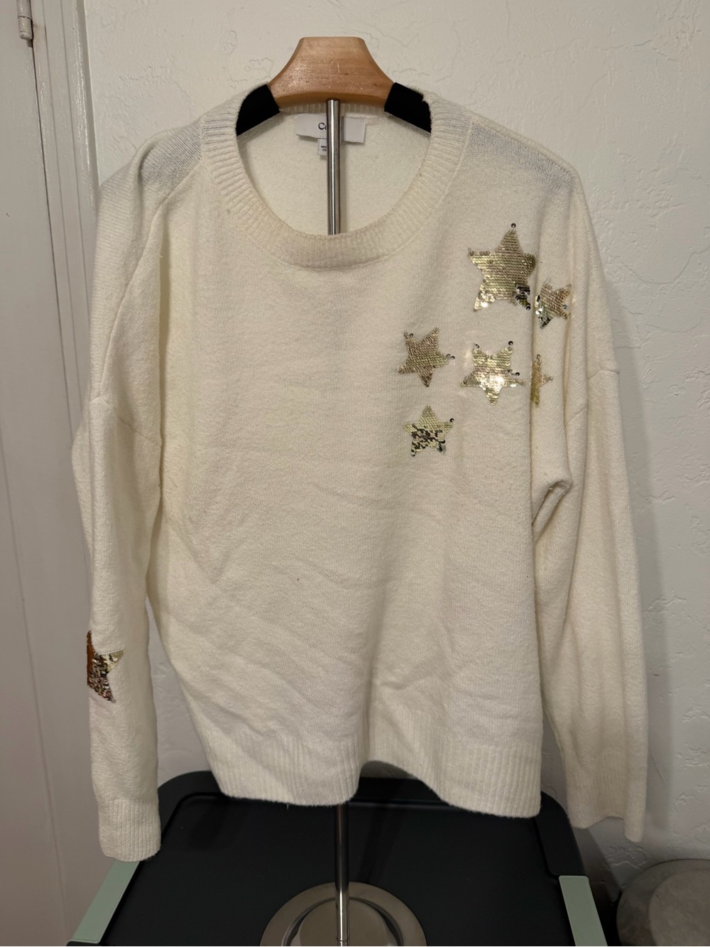 CeCe Cream Sweater with Gold Sequin Stars